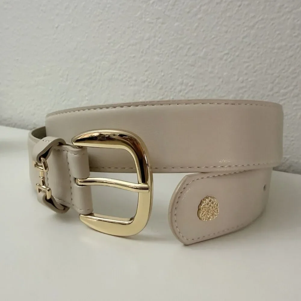 Vince Camuto Belt Women L Beige Faux Leather Gold Buckle Wide Waist Belt